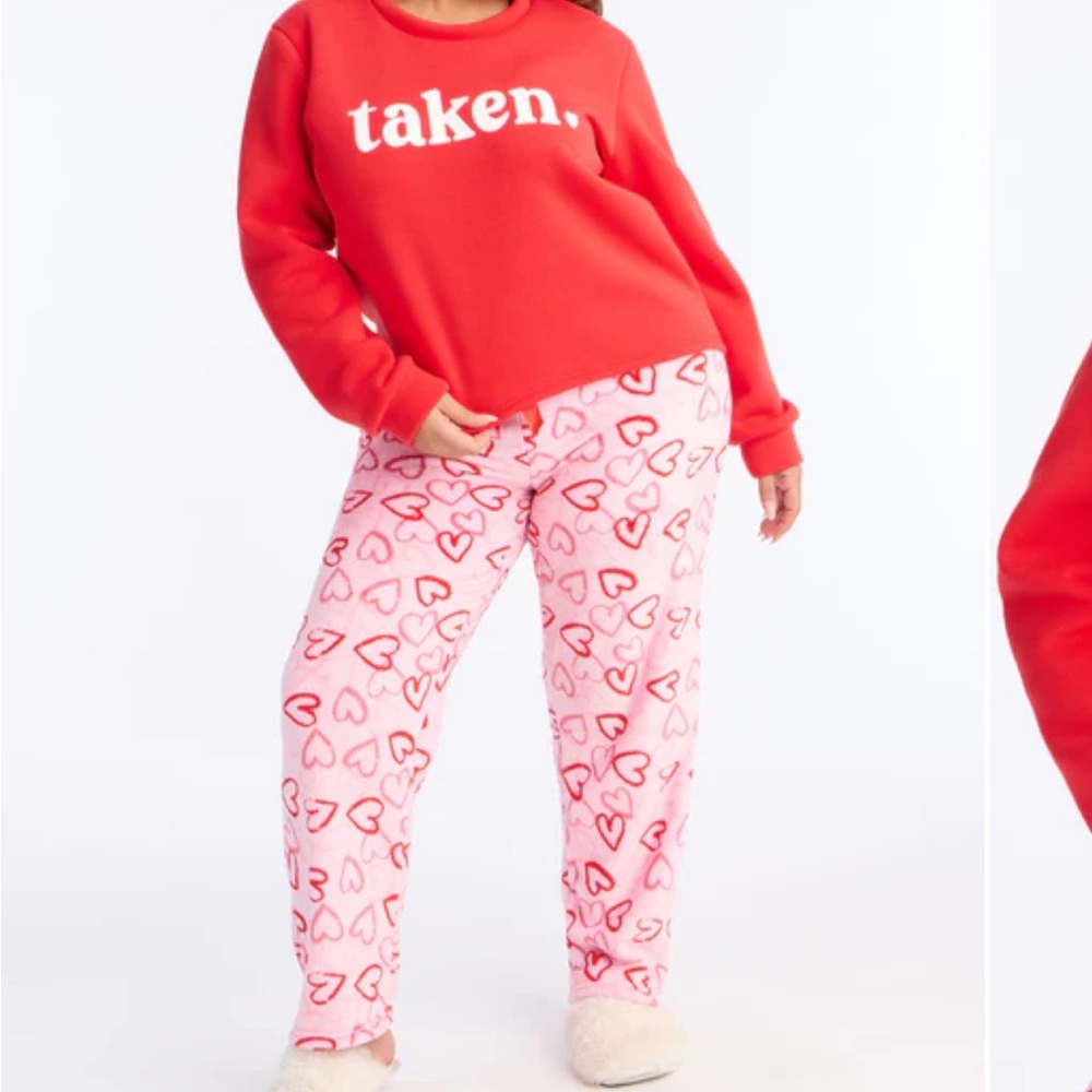 Women's Red 'Taken' Pullover and Pink Heart Fleece Pajama Set